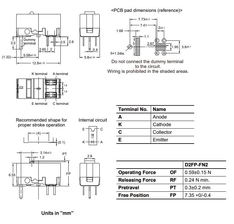 Technische Zeichnung - Omron Electronics D2FP Ultra-Subminiatur-Basisschalter